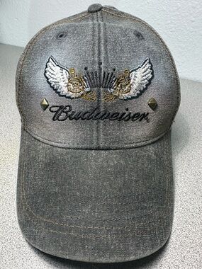 Budweiser Gray Distressed Wing Logo Baseball Cap with Gold Accents
